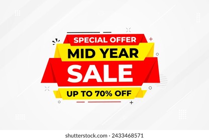 Mid Year Sale banner vector template. New Year Discount vector graphic element. Super shop label Promo design. Product opening festival background collection. 