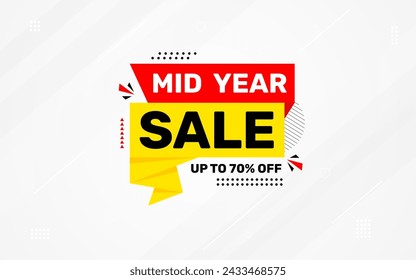 Mid Year Sale banner vector template. New Year Discount vector graphic element. Super shop label Promo design. Product opening festival background collection. 