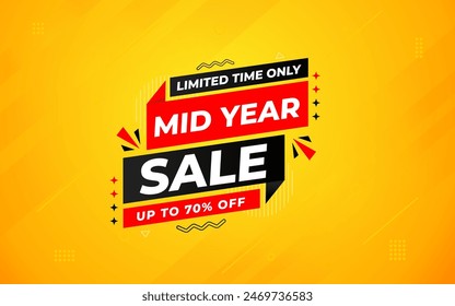 Mid Year Sale banner vector template. New Year Discount vector graphic element. Super shop label Promo design. Product opening festival background collection. 
