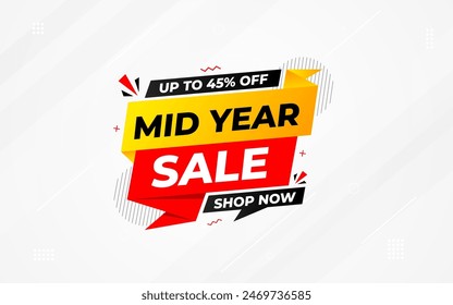 Mid Year Sale banner vector template. New Year Discount vector graphic element. Super shop label Promo design. Product opening festival background collection. 