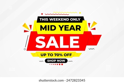 Mid Year Sale banner vector template. New Year Discount vector graphic element. Super shop label Promo design. Product opening festival background collection. 