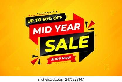 Mid Year Sale banner vector template. New Year Discount vector graphic element. Super shop label Promo design. Product opening festival background collection. 