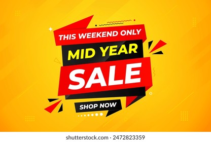 Mid Year Sale banner vector template. New Year Discount vector graphic element. Super shop label Promo design. Product opening festival background collection. 