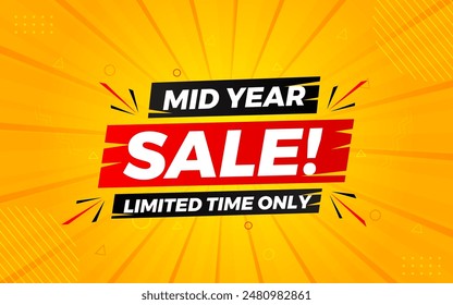 Mid Year Sale banner vector template. New Year Discount vector graphic element. Super shop label Promo design. Product opening festival background collection. 