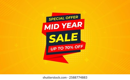 Mid Year Sale banner vector template. New Year Discount vector graphic element. Super shop label Promo design. Product opening festival background collection. 