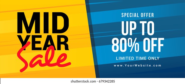 Mid Year Sale banner vector illustration. text on yellow and blue modern background.  