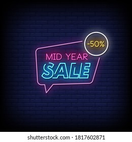 Mid Year Sale Neon Signs Style Text Vector