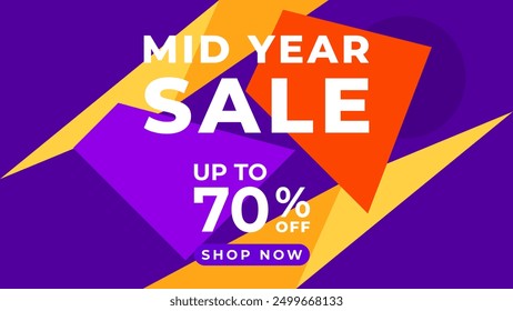 MID YEAR SALE OFFERS AND DISCOUNT PROMOTION TEMPLATE BANNER DESIGN.COLORFUL PURPLE COLOR BACKGROUND VECTOR. GOOD FOR SOCIAL MEDIA POST, COVER , POSTER 