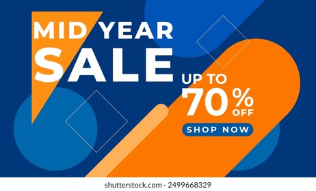 MID YEAR SALE OFFERS AND DISCOUNT PROMOTION TEMPLATE BANNER DESIGN.COLORFUL BLUE COLOR BACKGROUND VECTOR. GOOD FOR SOCIAL MEDIA POST, COVER , POSTER 