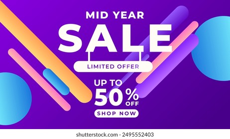 MID YEAR SALE OFFERS AND PROMOTION TEMPLATE BANNER DESIGN.COLORFUL GRADIENT PURPLE ORANGE COLOR BACKGROUND VECTOR. GOOD FOR SOCIAL MEDIA POST, COVER , POSTER 