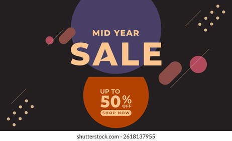 MID YEAR SALE OFFERS AND PROMOTION TEMPLATE BANNER DESIGN.COLORFUL FLAT COLOR DARK BACKGROUND VECTOR. GOOD FOR SOCIAL MEDIA POST, COVER , POSTER 