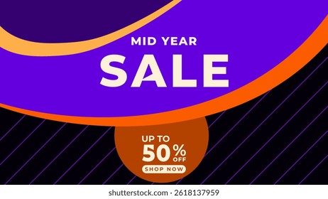 MID YEAR SALE OFFERS AND PROMOTION TEMPLATE BANNER DESIGN.COLORFUL FLAT COLOR DARK BACKGROUND VECTOR. GOOD FOR SOCIAL MEDIA POST, COVER , POSTER 