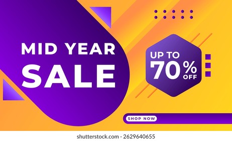 MID YEAR SALE OFFERS AND PROMOTION 70 PERCENT OFF. TEMPLATE BANNER DESIGN.COLORFUL GRADIENT ORANGE COLOR BACKGROUND VECTOR. GOOD FOR SOCIAL MEDIA POST, COVER , POSTER 
