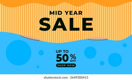 MID YEAR SALE OFFERS AND PROMOTION 50 PERCENT OFF. TEMPLATE BANNER DESIGN.COLORFUL FLAT BACKGROUND VECTOR. GOOD FOR SOCIAL MEDIA POST, COVER , POSTER 
