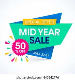 Mid Year Sale paper banner design template. Big sale, special offer, discounts up to 50%. Vector illustration.