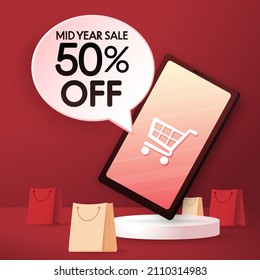 Afiche de venta a mitad de año. Ilustración vectorial. Papel de la tienda online.