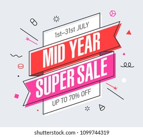 Mid Year Super Sale banner template in flat trendy memphis geometric style, retro 80s - 90s paper style poster, placard, web banner design, vector illustration