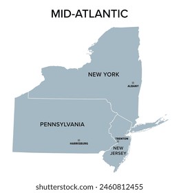 Mid-Atlantic, or Middle Atlantic states, gray political map, with capitals. United States Census division of the Northeast region, consisting of the states New Jersey, New York and Pennsylvania.