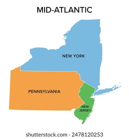 Estados del Atlántico Medio, o Atlántico Medio, mapa político multicolor. División del Censo de los Estados Unidos de la región noreste, compuesta por los estados de Nueva Jersey, Nueva York y Pensilvania. Vector