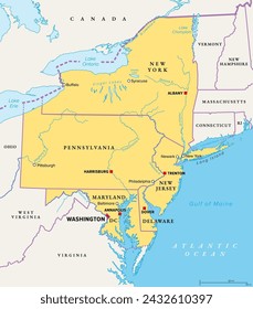 Mid-Atlantic region of the United States, political map. Located in the overlap between Northeastern and Southeastern states, including Delaware, D.C., Maryland, New Jersey, New York and Pennsylvania.