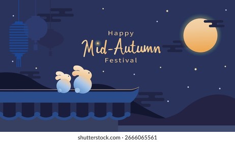 Mid-Autumn design featuring two adorable rabbits on a traditional rooftop enjoying the sight of the bright full moon. Vector Illustration. 