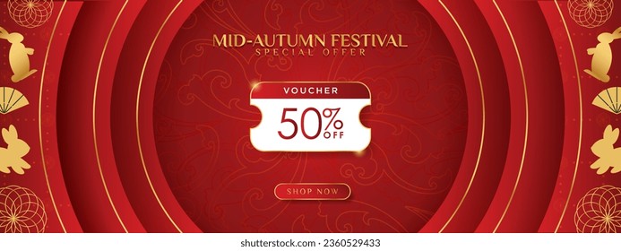 Mid-Autumn Festival 50% Discount Voucher Banner with oriental pattern design elements on red gradient background, shop now CTA button. Vector Illustration. EPS 10