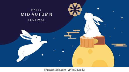 mid-autumn festival background with rabbit,moon .vector for horizontal design