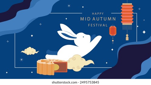 mid-autumn festival background with rabbit,mooncake and lantern.vector for horizontal design