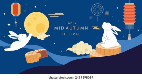 mid-autumn festival background with rabbit,mooncake and lantern.vector for horizontal design