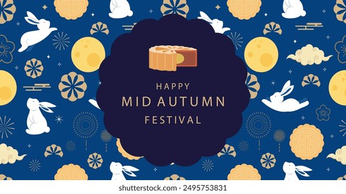 mid-autumn festival background with rabbit,mooncake .vector for horizontal design