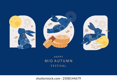 mid-autumn festival background with rabbit,mooncake,moon .vector for horizontal design