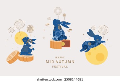 mid-autumn festival background with rabbit,mooncake,moon .vector for horizontal design