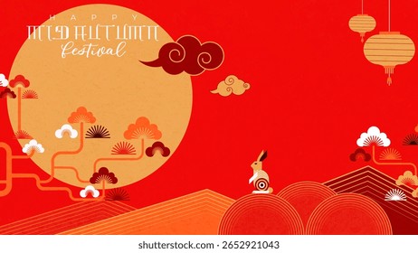 Mid-autumn festival background — traditional Chinese style design featuring a rabbit under the full moon, stylized clouds, and lanterns. Ideal for Mid-Autumn Festival celebration