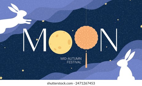 Anuncio del festival de mediados de otoño. Fondo creativo del Festival Mooncake. Ilustración vectorial plana con conejos, nubes, luna, pasteles de luna y estrellas. Anuncio de arte mínimo para festival chino, coreano, asiático.