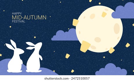 Mid-Autumn Festival banner. Creative Mooncake Festival background. Flat vector illustration with two rabbits, clouds, moon, lanterns and stars. Minimal art banner for Chinese, Korean, Asian festival.