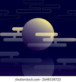 Mid-autumn festival banner, deep, dark blue background, Happy Mid Autumn festival text, rabbit, teapot, full moon, mooncake, lanterns, flora, cloud, 中秋节快乐, Vector illustration