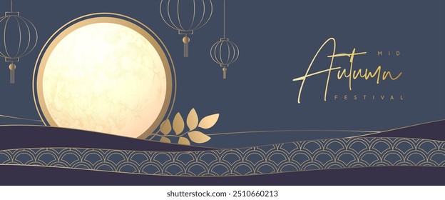 Mid-autumn festival banner with full moon and chinese lanterns on blue background. Vector illustration