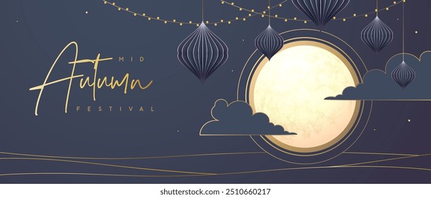 Anuncio del festival de mediados de otoño con luna llena y linternas chinas sobre fondo azul. Ilustración vectorial