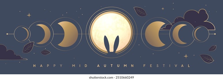 Mid-autumn festival banner with full moon, moon phases and rabbit ears on blue background. Vector illustration
