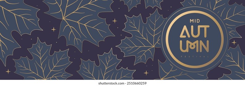 Mid-autumn festival banner with full moon and maple leaves on blue background. Vector illustration