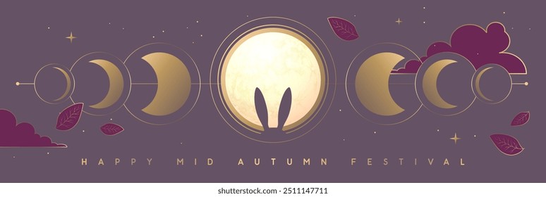 Anuncio del festival de mediados de otoño con luna llena, fases lunares y orejas de conejo. Ilustración vectorial