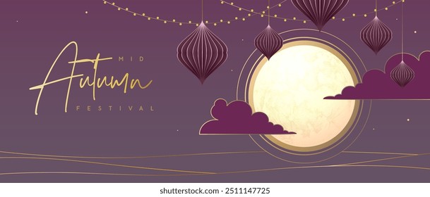 Mid-autumn festival banner with full moon and chinese lanterns on red background. Vector illustration