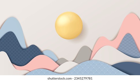 Mid-autumn festival banner with moon and mountain on beige background. Vector illustration for banner, poster, flyer, invitation, discount, sale. 