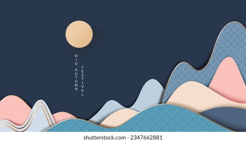 Mid-autumn festival banner with moon and mountain on dark blue background. Vector illustration for banner, poster, flyer, invitation, discount, sale. 