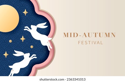 Mid-autumn festival banner with moon and rabbit. Vector illustration for banner, poster, flyer, invitation, discount, sale. 