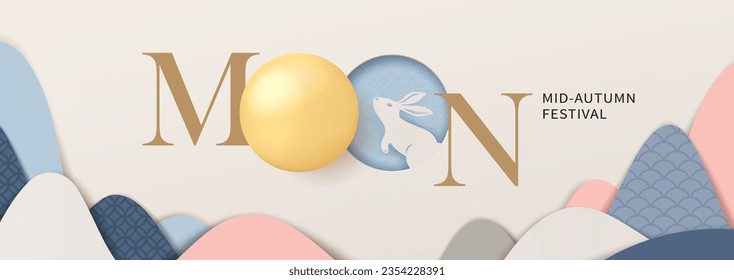 Mid-autumn festival banner with moon,rabbit and mountain on beige background. Vector illustration for banner, poster, flyer, invitation, discount, sale. 