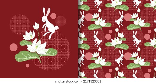Mid-autumn festival banner and seamless pattern with cute rabbits and lotus flowers on red pattern background. Vector illustration.