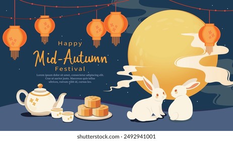 Mid-Autumn Festival cartoon style illustration, cute rabbits with delicious mooncakes and a full moon. Chinese translation: Moon Festival.