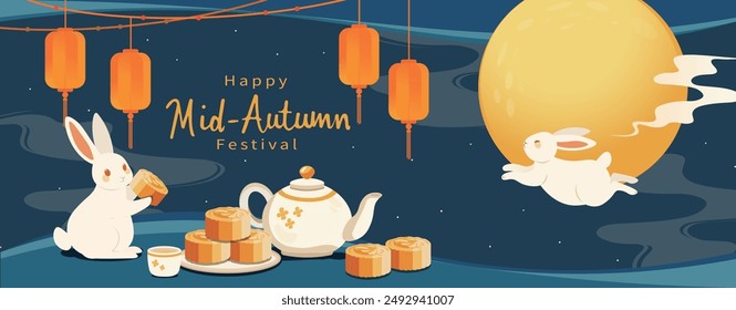 Ilustración de estilo de dibujos animados del festival de mediados de otoño, conejos lindos con deliciosos pasteles de luna llena y una luna llena. Traducción al chino: Festival de la Luna.