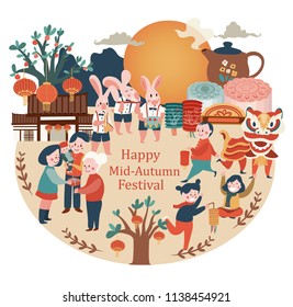 Mid-autumn festival celebration elements with bunny, full moon, moon cake, Chinese lantern, family reunion, and lion dance, illustration, vector